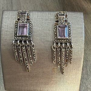 Sterling Silver Art Deco Style Purple Crystal and Marcasite Earrings